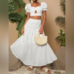Chic White A-Line Eyelet Skirt set